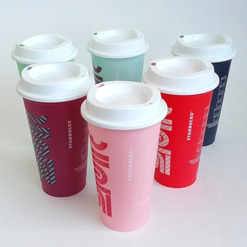 Starbucks Set of 6 Color Changing Reusable 16oz Hot Travel Cups With 6 Lids